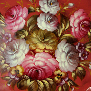 Authentic Zhostovo Floral Hand-Painted Metal Tray - Unique 17x17 Kitchenware and Gift One-of-a-Kind Work of Art by G. Debrekht - Functional Kitchenware for Table and Unique Wall Decor