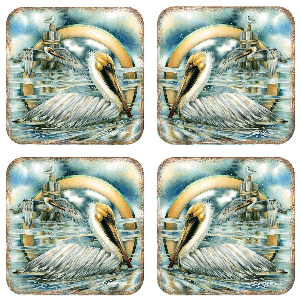 Pelicans Wooden Cork Coasters Gift Set of 4 by J. Bergsma - Coastal Holiday Decor - 8199460C-S4