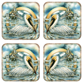 Pelicans Wooden Cork Coasters Gift Set of 4 by J. Bergsma - Coastal Holiday Decor - 8199460C-S4