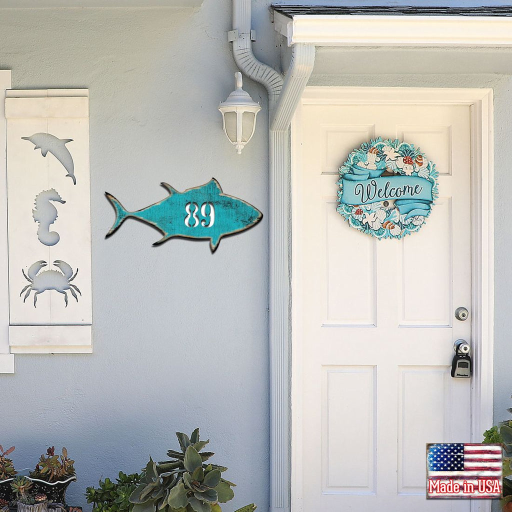 Tuna Fish Coastal Personalized House Number Sign by G. Debrekht - Coastal Sea-Life Decor - Handcrafted Wooden Handcrafted Wooden Handcrafted Wooden Address Sign - MA98548