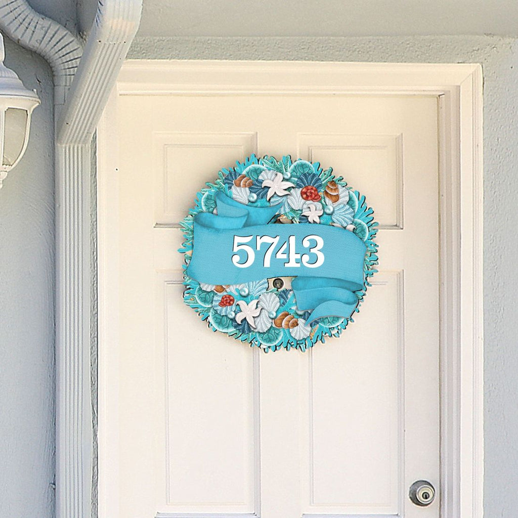 Coastal Wreath Wooden Personalized House Number Sign by G. Debrekht - Coastal Sea-Life Decor - Handcrafted Wooden Address Sign - MA81853062
