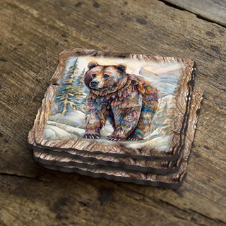 Grizzly Bear Wooden Cork Coasters Gift Set of 4 by Nature Wonders Nature Wildlife Decor - 95397C-S4