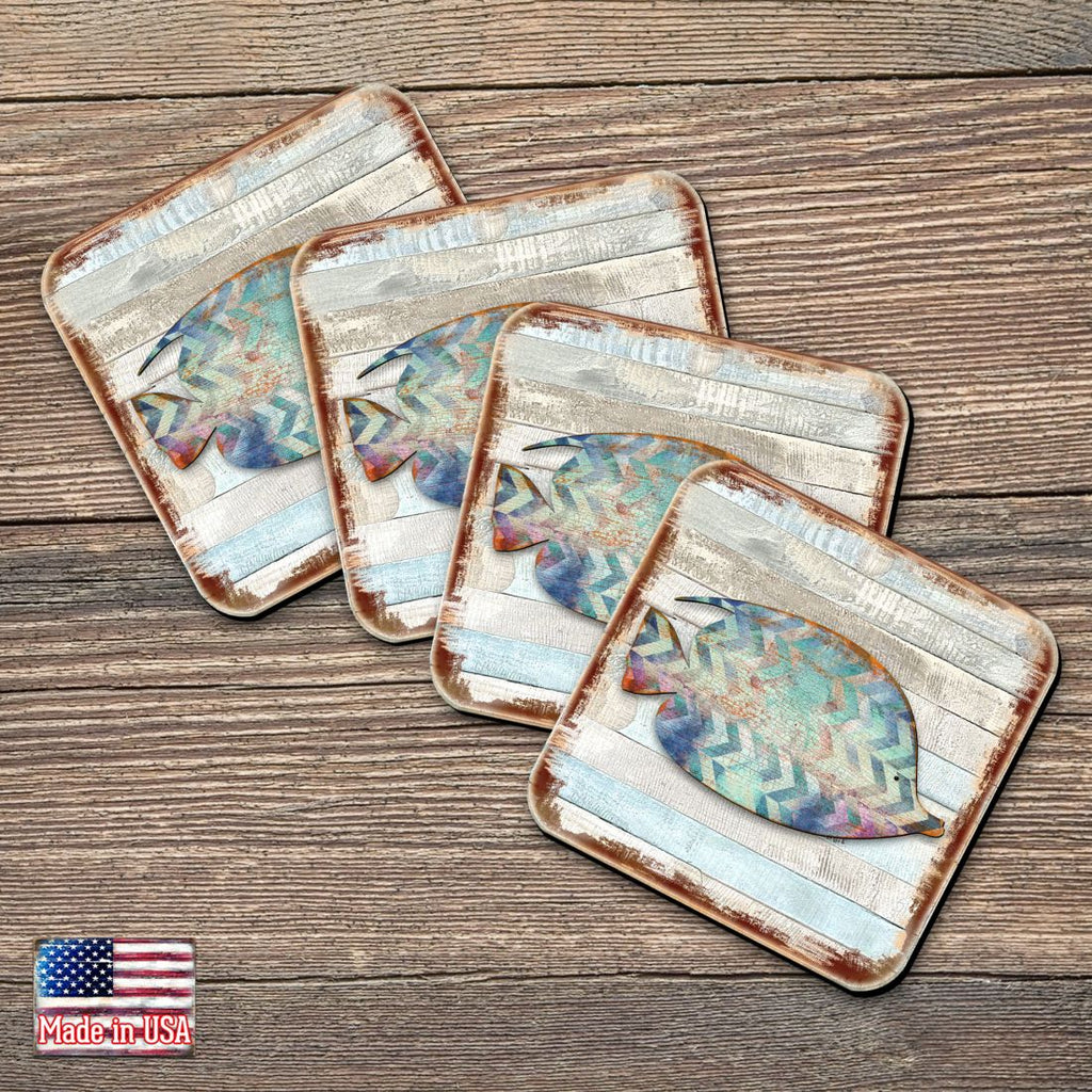 Tropical Fish Coastal Wooden Cork Coasters Gift Set of 4 by Nature Wonders - Coastal Sea-Life Decor - 8198527-2-9C-S4