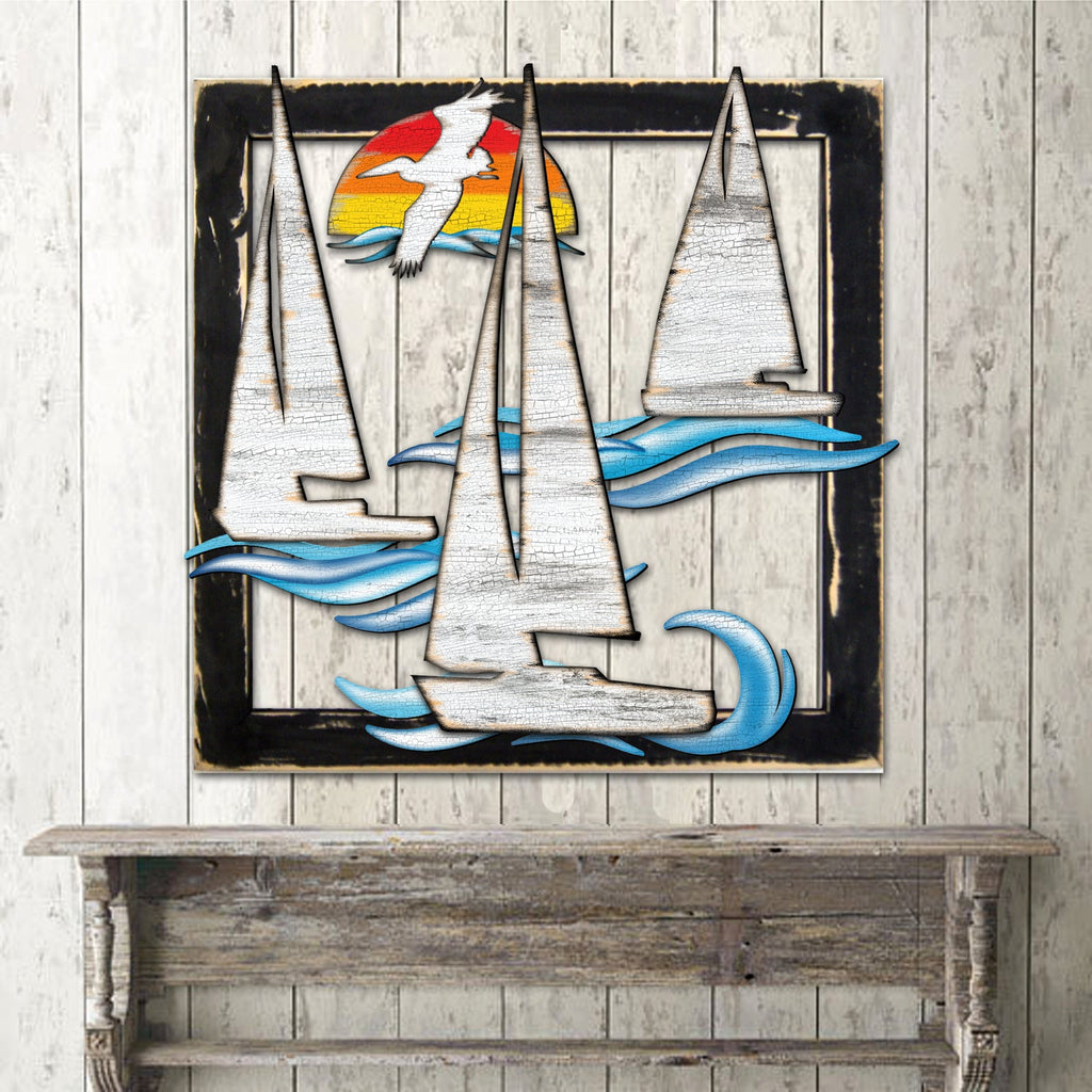 Sailing Boats Sunrise Wooden Wall Decor by G. DeBrekht - Coastal Sea-Life Decor - G985242S3