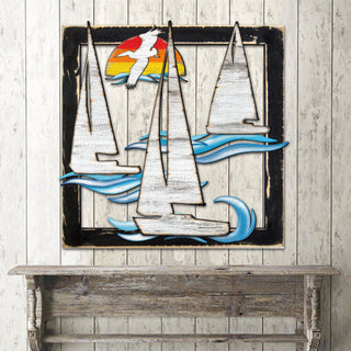 Sailing Boats Sunrise Wooden Wall Decor by G. DeBrekht - Coastal Sea-Life Decor - G985242S3