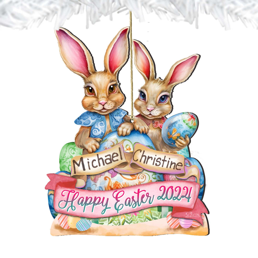 Personalized Easter Ornaments, Personalized Gift, Easter Basket Tag - Happy Easter Bunnies Wooden Ornaments by G. Debrekht Easter Spring Decor - 8652782P-24