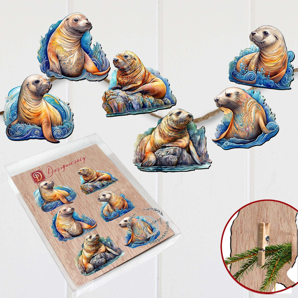 Coastal Sea Lions Clip-On Eco Wood Decorative Ornaments Set of 6 by G. Debrekht - Wildlife Decor - 8090127C-S6