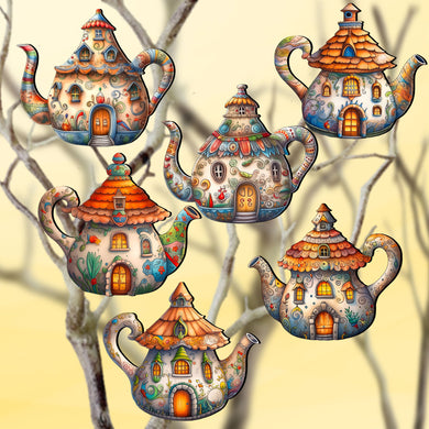 Teapots Clip-On Eco Wood Decorative Ornaments Set of 6 by G. Debrekht - Love Family Decor - 8090072C-S6