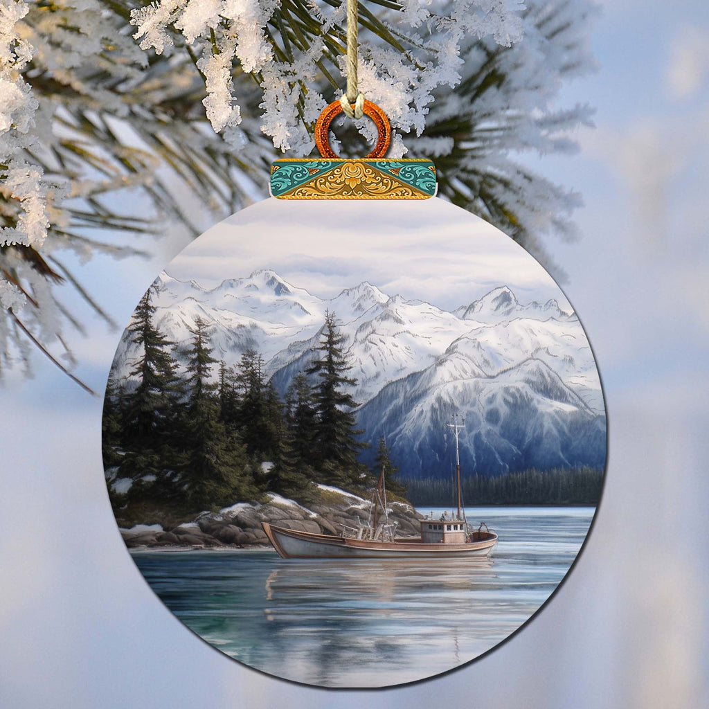 Fishing Boat in Alaska's Mountains Wooden Ornaments by G.Debrekht - Wildlife Holiday Decor - 870068