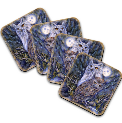 A set of four coasters featuring a night scene with owls and a full moon.