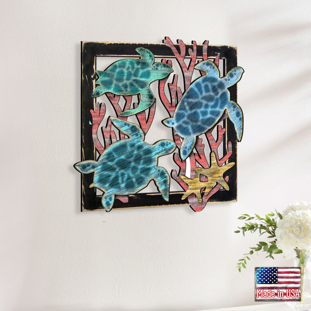Sea Turtle Family Wooden Wall Decor by G. DeBrekht - Coastal Sea-Life Decor - G98518S3