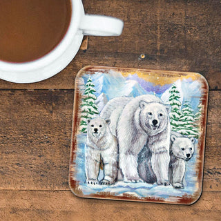 Polar Bear Family Wooden Cork Coasters Gift Set of 4 by Nature Wonders - Nature Wildlife Decor - 95215C-S4