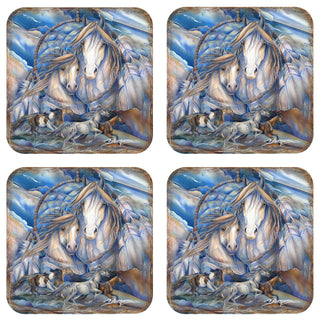 Mustangs Dream Catcher Wooden Cork Coasters Gift Set of 4 by J. Bergsma - Wildlife Decor - 8199469C-S4