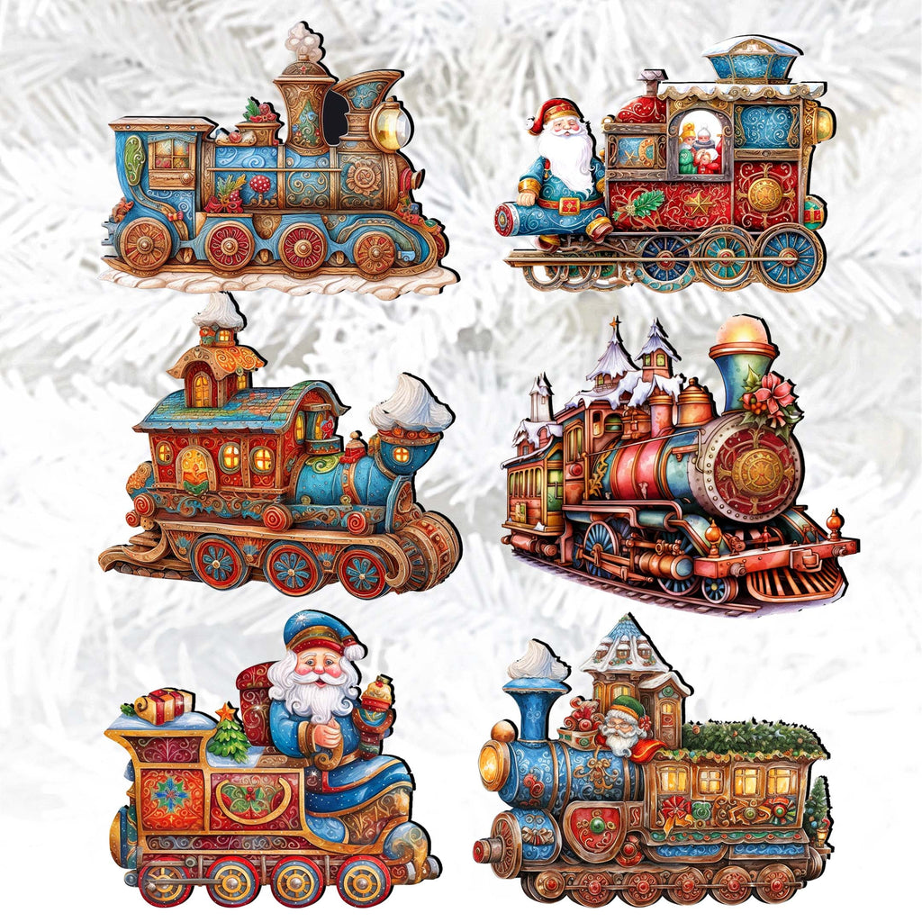 Santa Christmas Train Clip-On Eco Wood Decorative Ornaments Set of 6 by G. Debrekht - Christmas Decor - 8090123C-S6