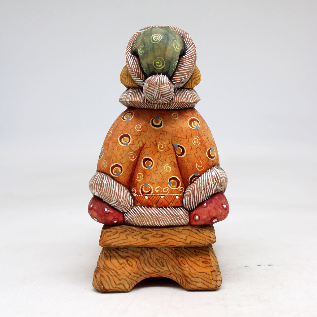 One-of-a-Kind Boy on Sleigh WOODCARVED Figurine 5x3.5x2.5