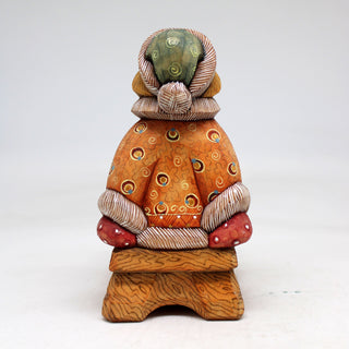 One-of-a-Kind Boy on Sleigh WOODCARVED Figurine 5x3.5x2.5