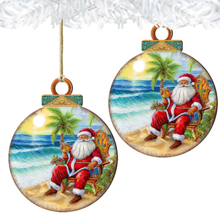 Coastal Christmas Decor - Sunset with Santa Wooden Ornaments by G. Debrekht Coastal Holiday Decor - 8688183