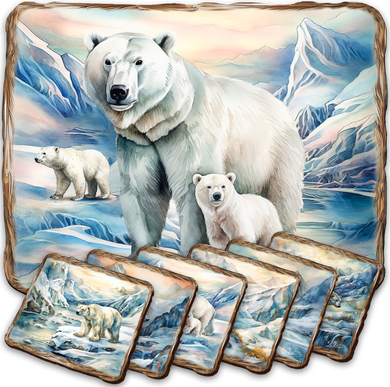 A collage of six images depicting polar bears in various snowy and icy environments, including mountains, ice, and snow.