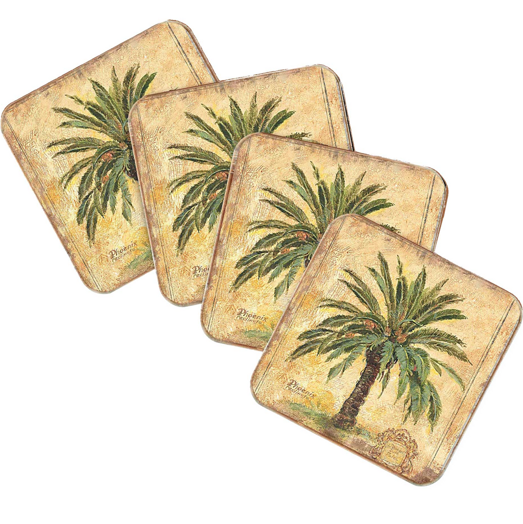 four square coasters with palm tree designs on them.