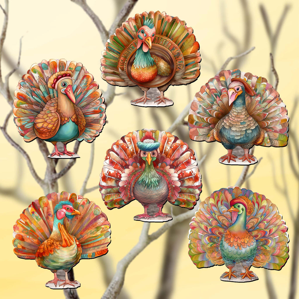 Turkey Clip-On Eco Wood Decorative Ornaments Set of 6 by G. Debrekht - Thanksgiving Decor - 8090027C-S6