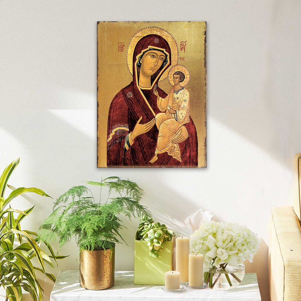 Virgin Mary Wooden Gold Plated Religious Orthodox Sacred Icon - Inspirational Icon Decor - 85063
