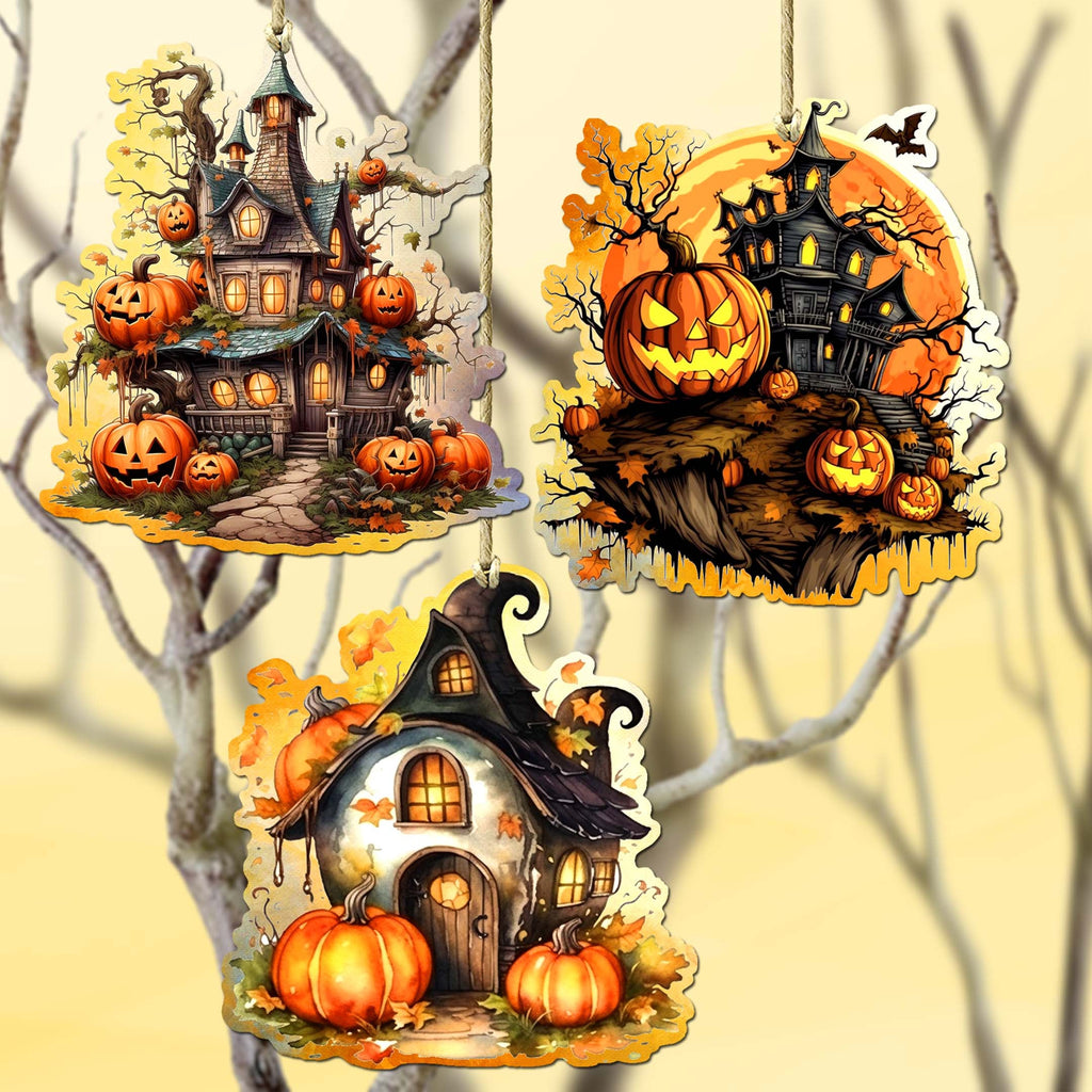 Spooky Houses Decorative Wooden Ornaments of 3 by G. Debrekht - Halloween Decor - 8091007-S3
