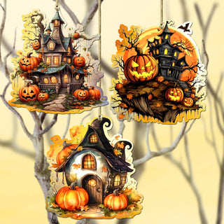 Spooky Houses Decorative Wooden Ornaments of 3 by G. Debrekht - Halloween Decor - 8091007-S3