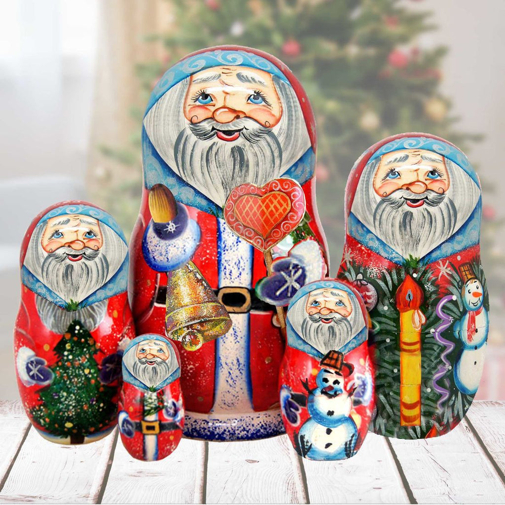 Santa and Frosty Matreshka Nesting Hand-Painted Doll Set of 5 by G. DeBrekht - Christmas Santa Snowman Decor - 110083