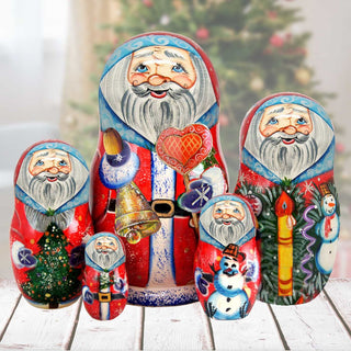 Santa and Frosty Matreshka Nesting Hand-Painted Doll Set of 5 by G. DeBrekht - Christmas Santa Snowman Decor - 110083