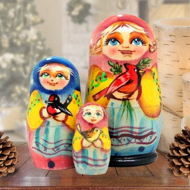 Birdie Friends Matreshka Nesting Hand-Painted Doll Set of 3 by G. DeBrekht - Christmas Decor - 14736