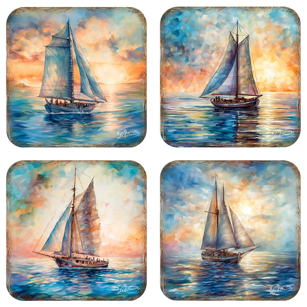 Sail Boats Wooden Cork Coasters Gift Set of 4 by G. Debrekht - Coastal Holiday Decor - 8199450-2C-S4