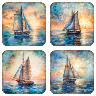 Sail Boats Wooden Cork Coasters Gift Set of 4 by G. Debrekht - Coastal Holiday Decor - 8199450-2C-S4
