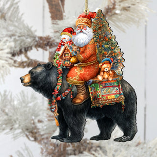 Santa on Black Bear Wooden Ornaments Christmas Santa Snowman Decor - 8611064