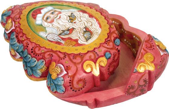 A colorful, intricately decorated box featuring a painted Santa Claus figure.