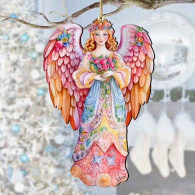 Pink Floral Angel Wooden Ornaments by G. DeBrekht Nativity Holiday Decor - 8611023
