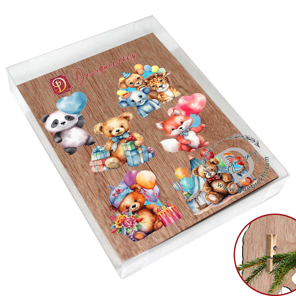 Happy Birthday Clip-On Eco Wood Decorative Ornaments Set of 6 by G. Debrekht - Christmas Decor - 8090035C-S6