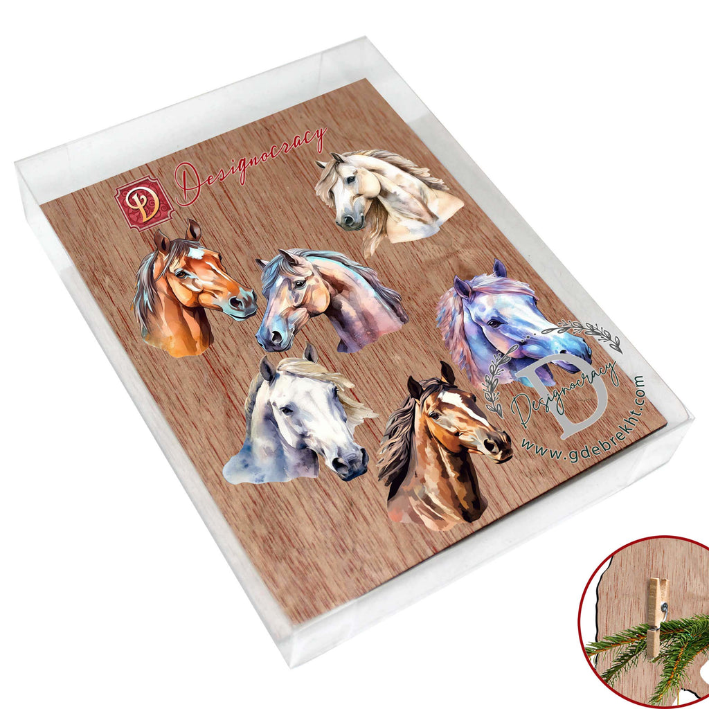 Horses Clip-On Eco Wood Decorative Ornaments Set of 6 by G. Debrekht - Christmas Decor - 8090039C-S6