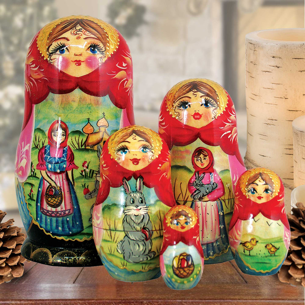 Easter Story Matreshka Nesting Hand-Painted Dolls Set of 5 by G. DeBrekht - Easter Spring Decor - 130251