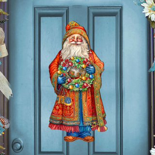A colorful illustration of Santa Claus holding a wreath on a door.