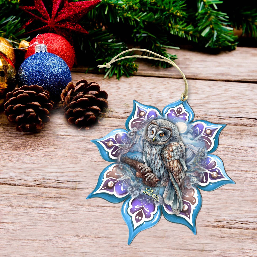 Arctic Owl Snowflake Large Wooden Ornament by G. Debrekht - Nature Wildlife Decor - 8688435M