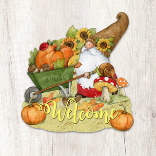 Outdoor Garden Stakes Fall Decoration - Harvest Gnome Welcome Sign - Wheelbarrow Cornucopia - Handmade Gift - Autumn Adornment - Wooden Ornament by Susan Winget - 8471207M-SW