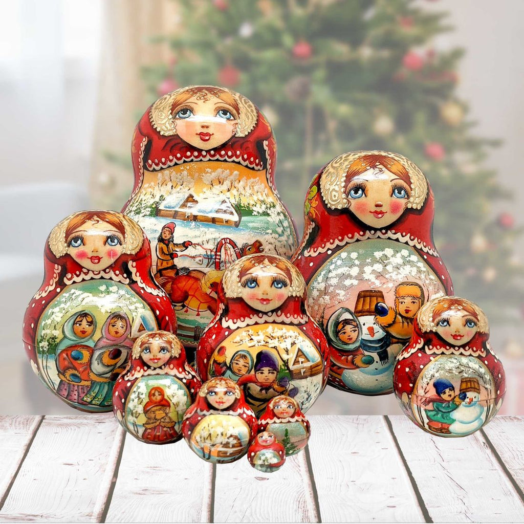 Santa Sleigh Ride Red Matreshka Nesting Hand-Painted Doll Set of 10 by G. DeBrekht - Christmas Santa Snowman Decor - 120021-2