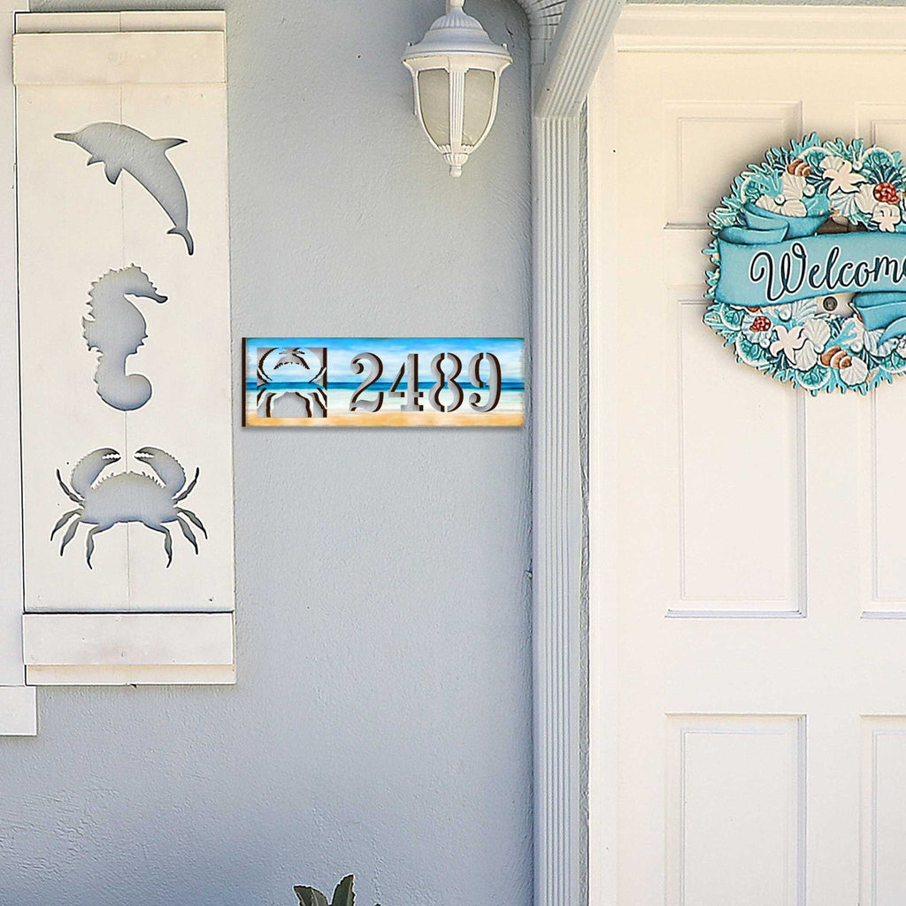 Beach House Numbers - Custom Coastal Door Number Sign - Crab Wooden Cottage Number Plaque - Nautical Home Address Sign MA989809