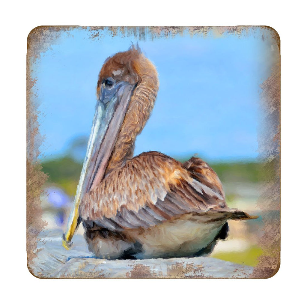 Pelican Coastal Wooden Cork Coasters Gift Set of 4 by Nature Wonders - Coastal Sea-Life Decor - 95325C-S4