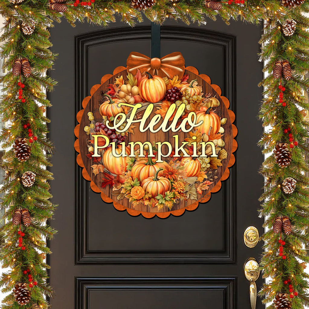 Hello Pumpkin Front Door Welcome Sign, Wooden Front Porch Decor by G. Debrekht Thanksgiving Halloween Decor - 933120H