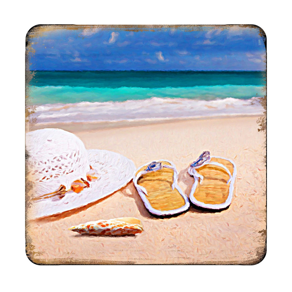 Beach Sandals and Hat Coastal Wooden Cork Coasters Gift Set of 4 by Nature Wonders - Coastal Sea-Life Decor - 95355C-S4