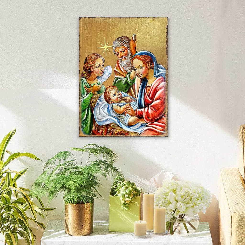 Nativity with Angel Wooden Gold Plated Religious Christian Sacred Icon - Inspirational Icon Decor - 85049