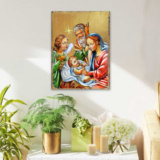 Nativity with Angel Wooden Gold Plated Religious Christian Sacred Icon - Inspirational Icon Decor - 85049