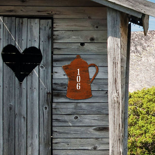 Coffee Pot Wooden Custom House Number Sign - Love Family Kids Decor - Handcrafted Wooden Address Sign - MA98552