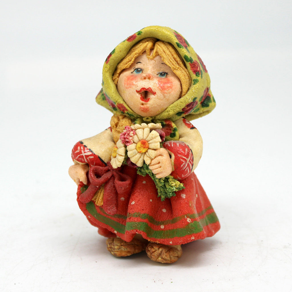One-of-a-Kind Little Girl with a Flowers - Handmade Clay Figurine - Unique Gift- Folk Art Collectibles Handcrafted Treasures
